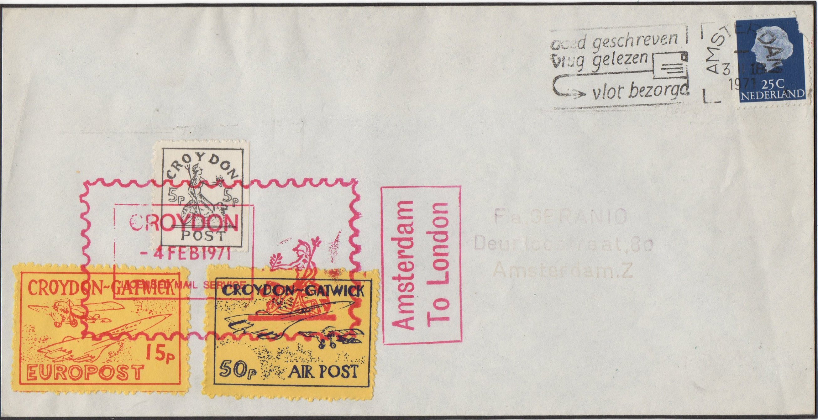 1971 Croydon Gatwick Strike Post cover with multiple CGP franking, Feb 4th 1971